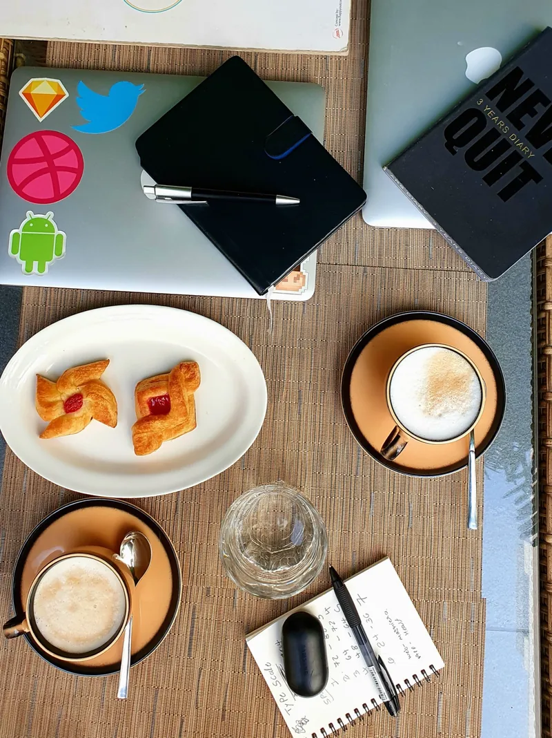 Desk flatlay with a morning coffee