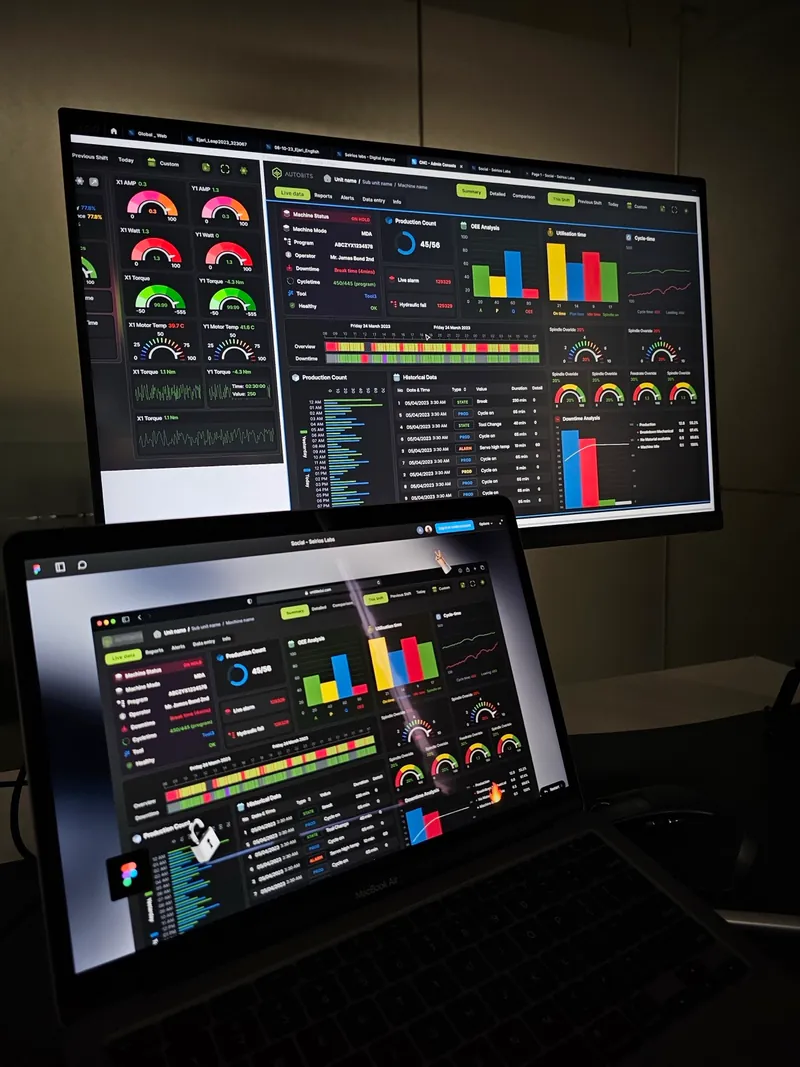 The dual-monitor desk mid-project