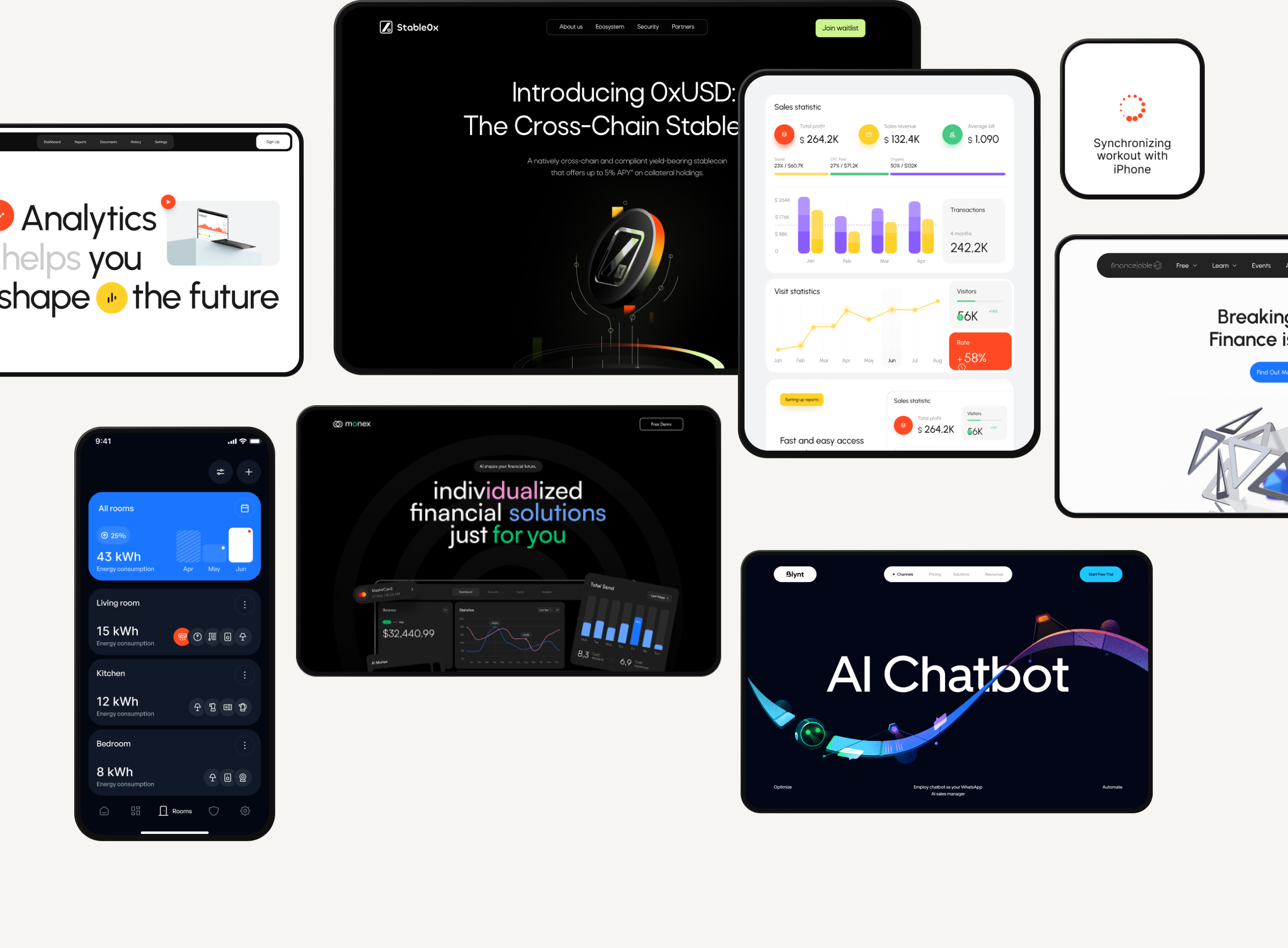 Project snapshots — StableCo, analytics platform, DeFi trading dashboard, AI chatbot, and more