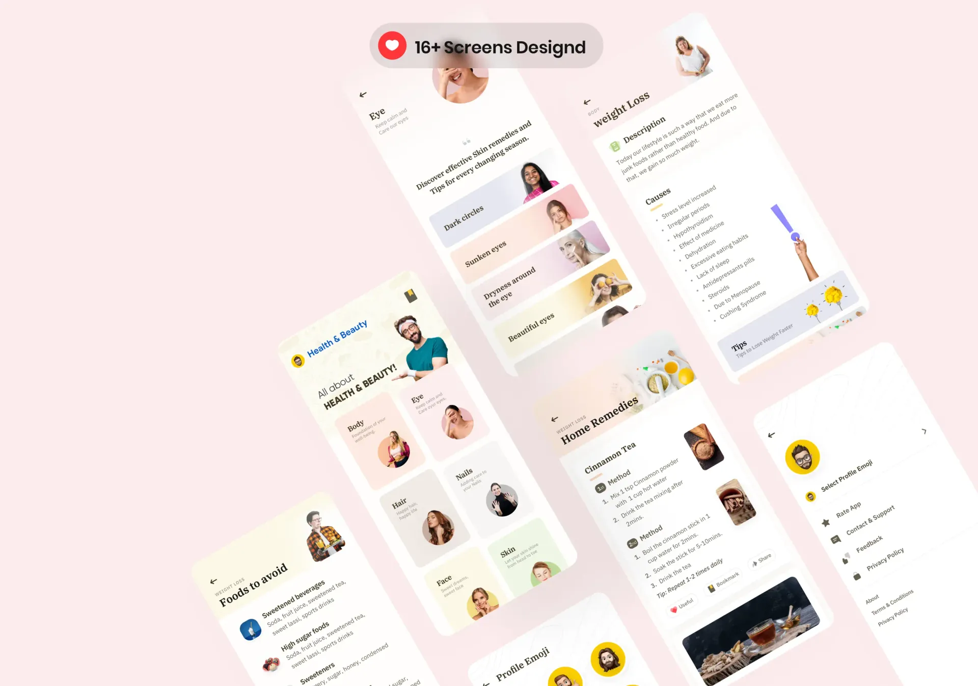 The app&rsquo;s screens laid out together.