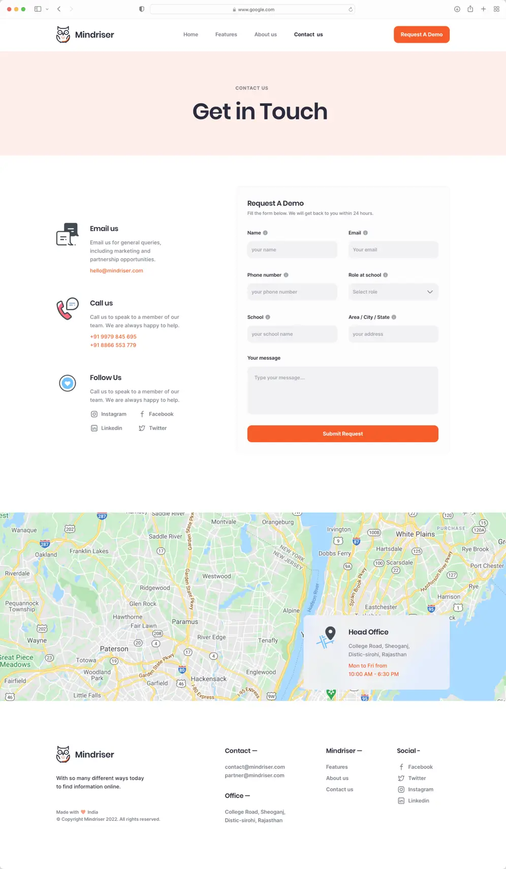The Mindriser contact page.