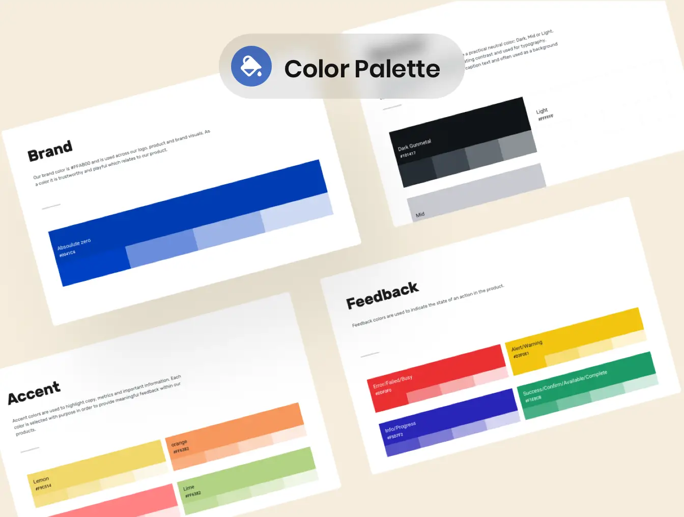 Colour palette from the style guide — brand, accent and feedback swatches.