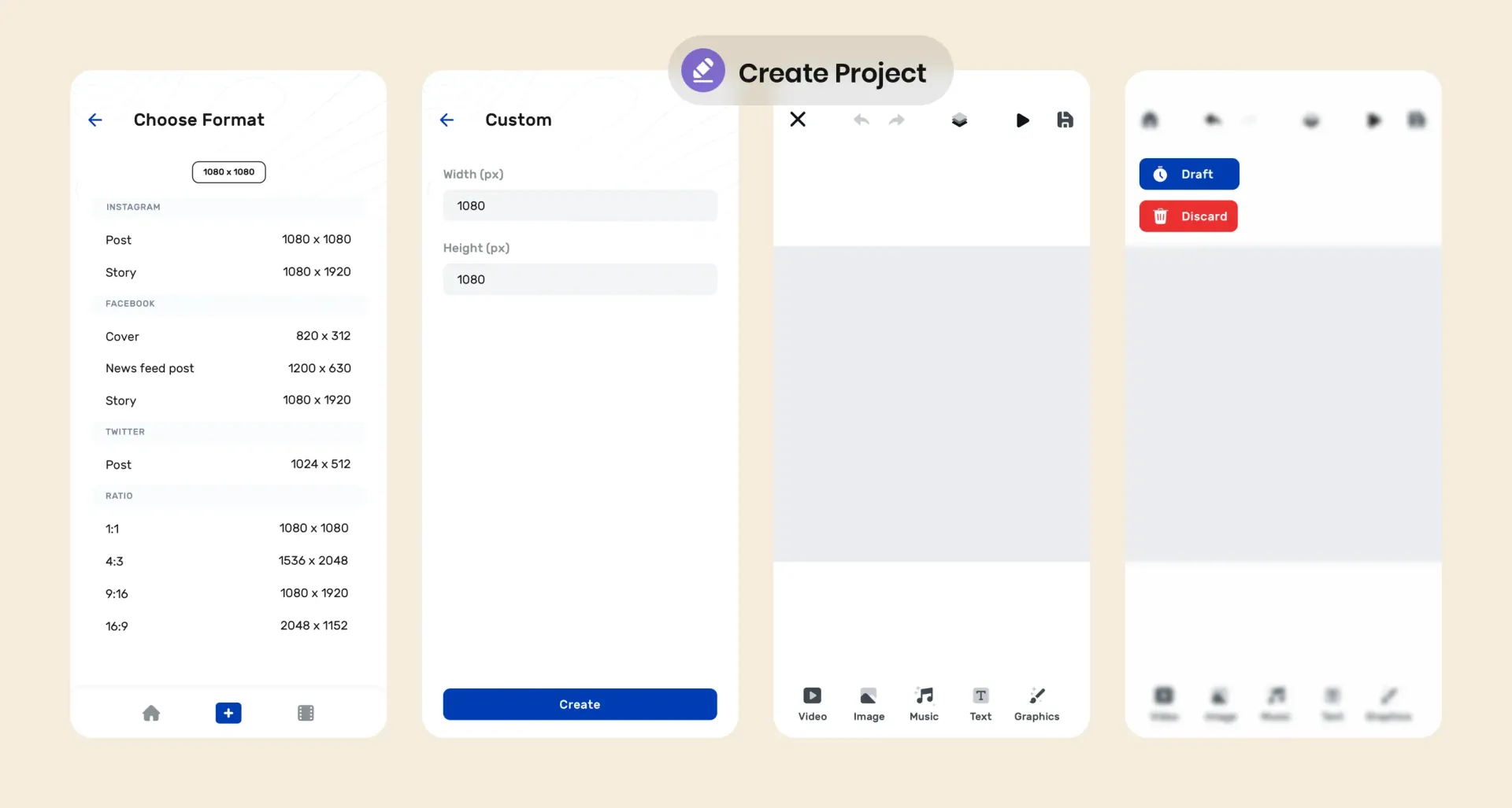 Create project flow — picking a social format or a custom canvas size, the empty editor, and the save-as-draft prompt.
