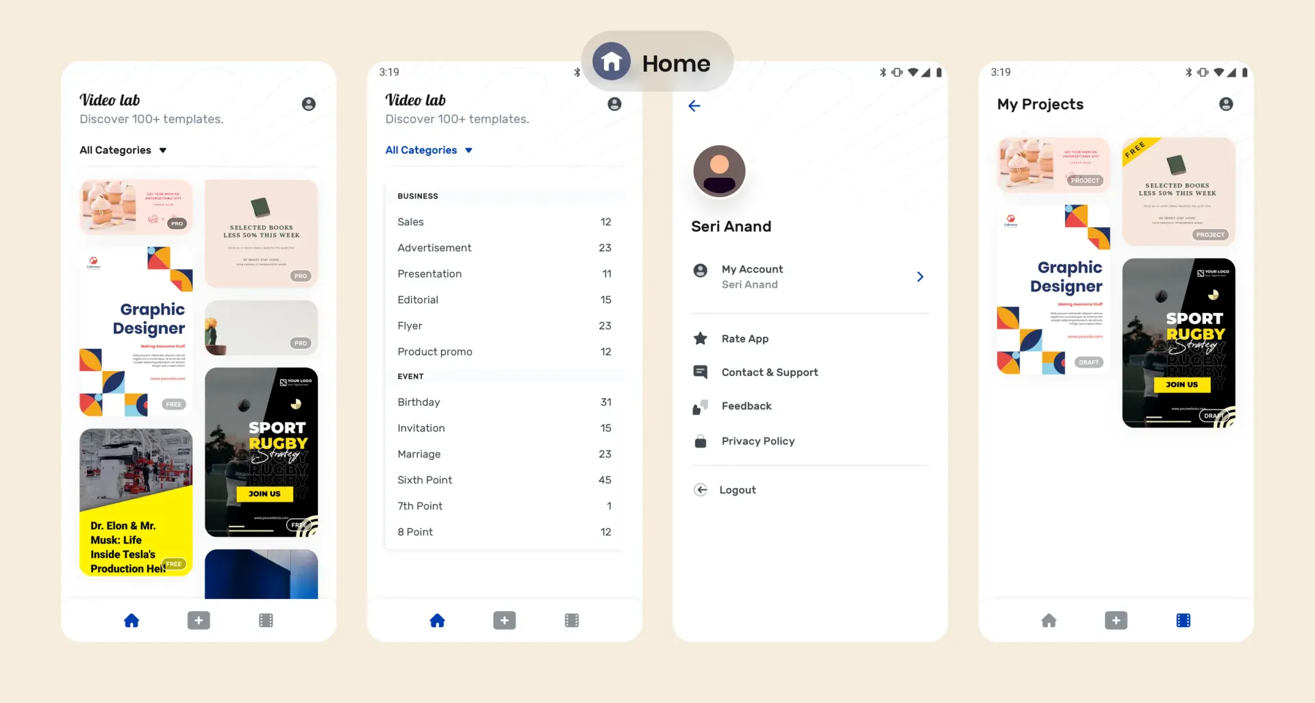Home screens — template browser, the expanded category list, account settings and My Projects.
