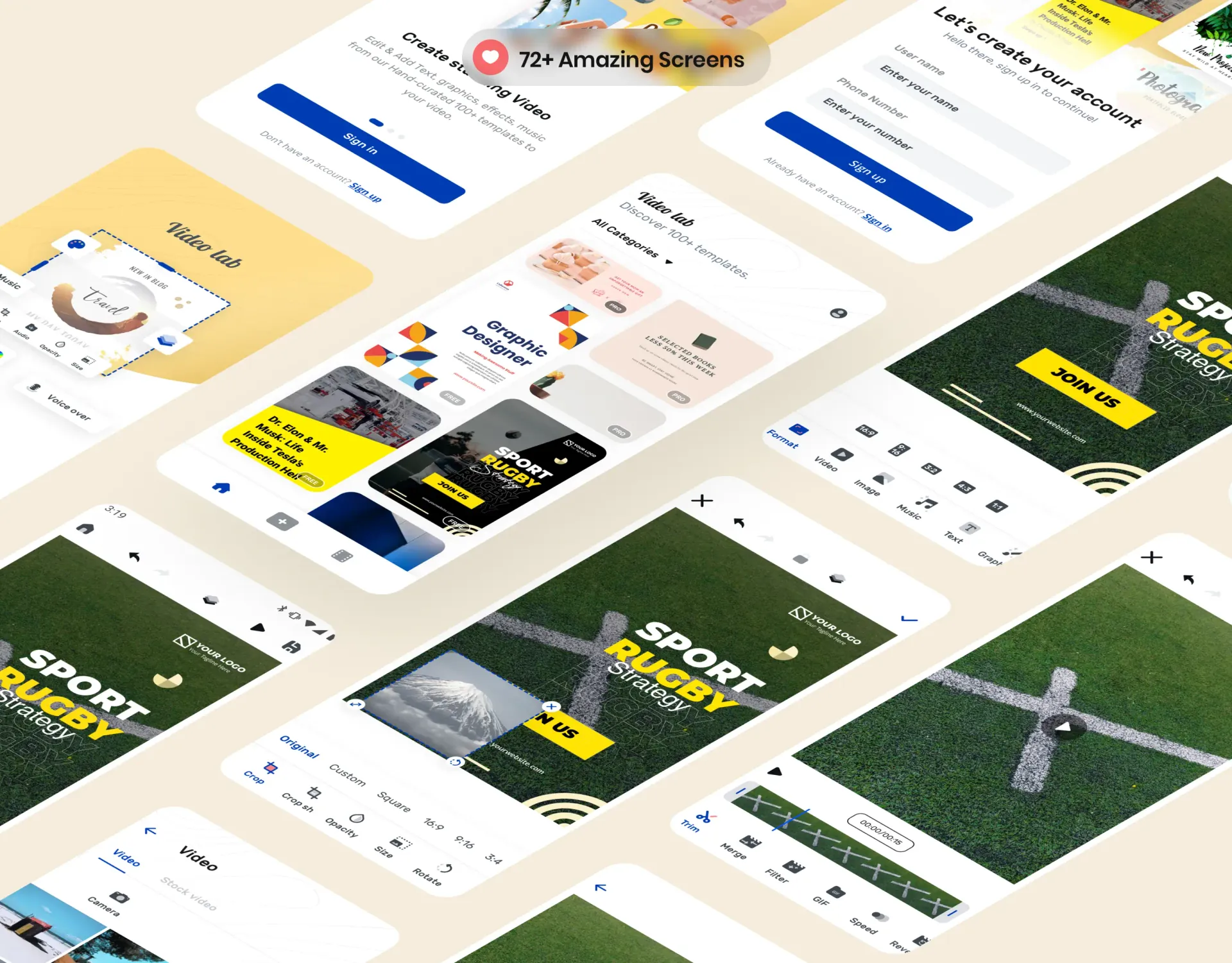 The app&rsquo;s screens laid out together.