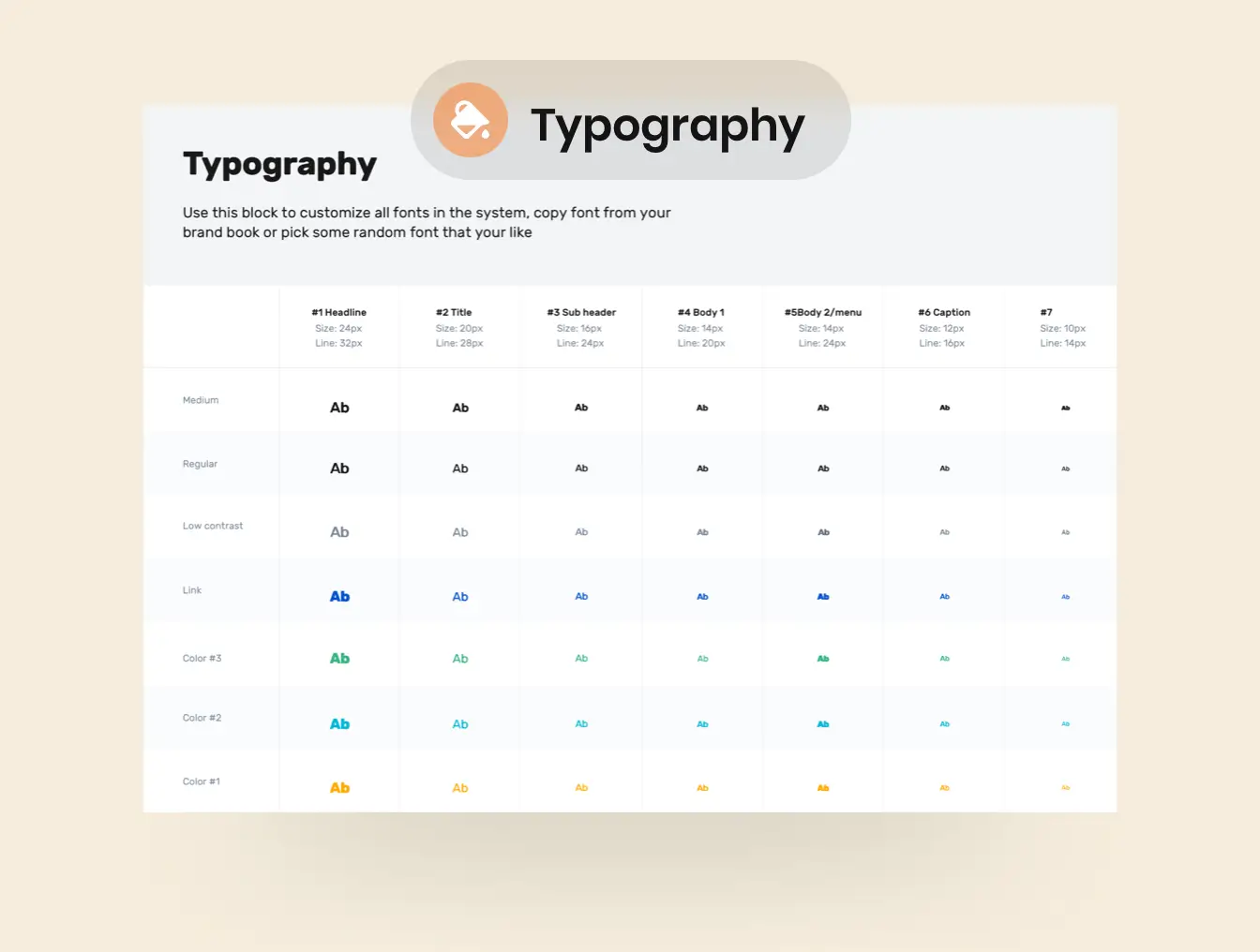 Typography sheet from the style guide — the app's heading and body type scale.