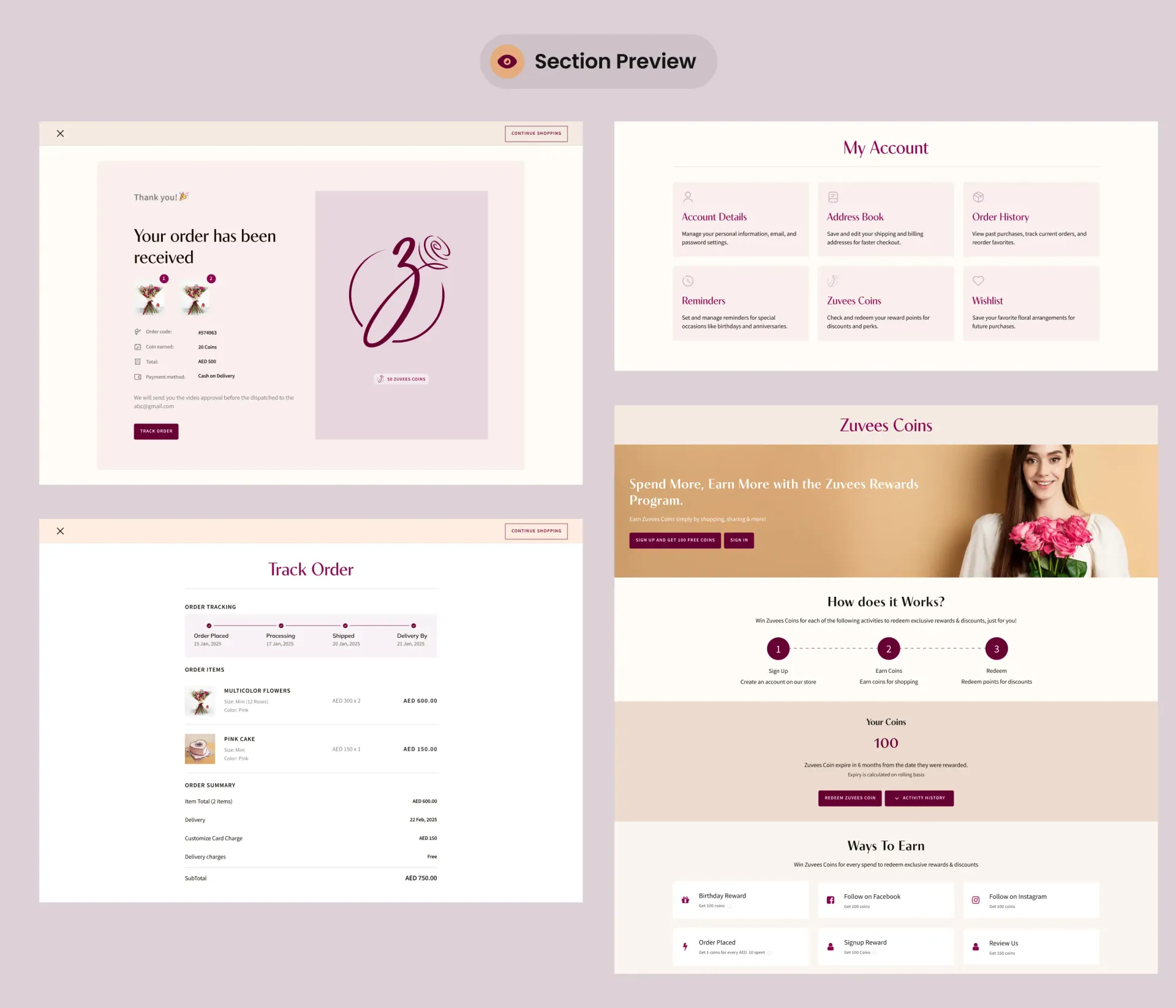Close-ups of the checkout and gifting sections.